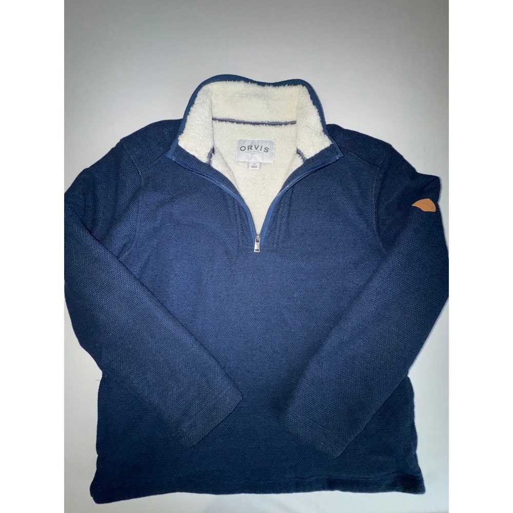Orvis Quarter Zip Pullover Mens L Blue Excellent Sherpa Lined Waffle Knit Fleece